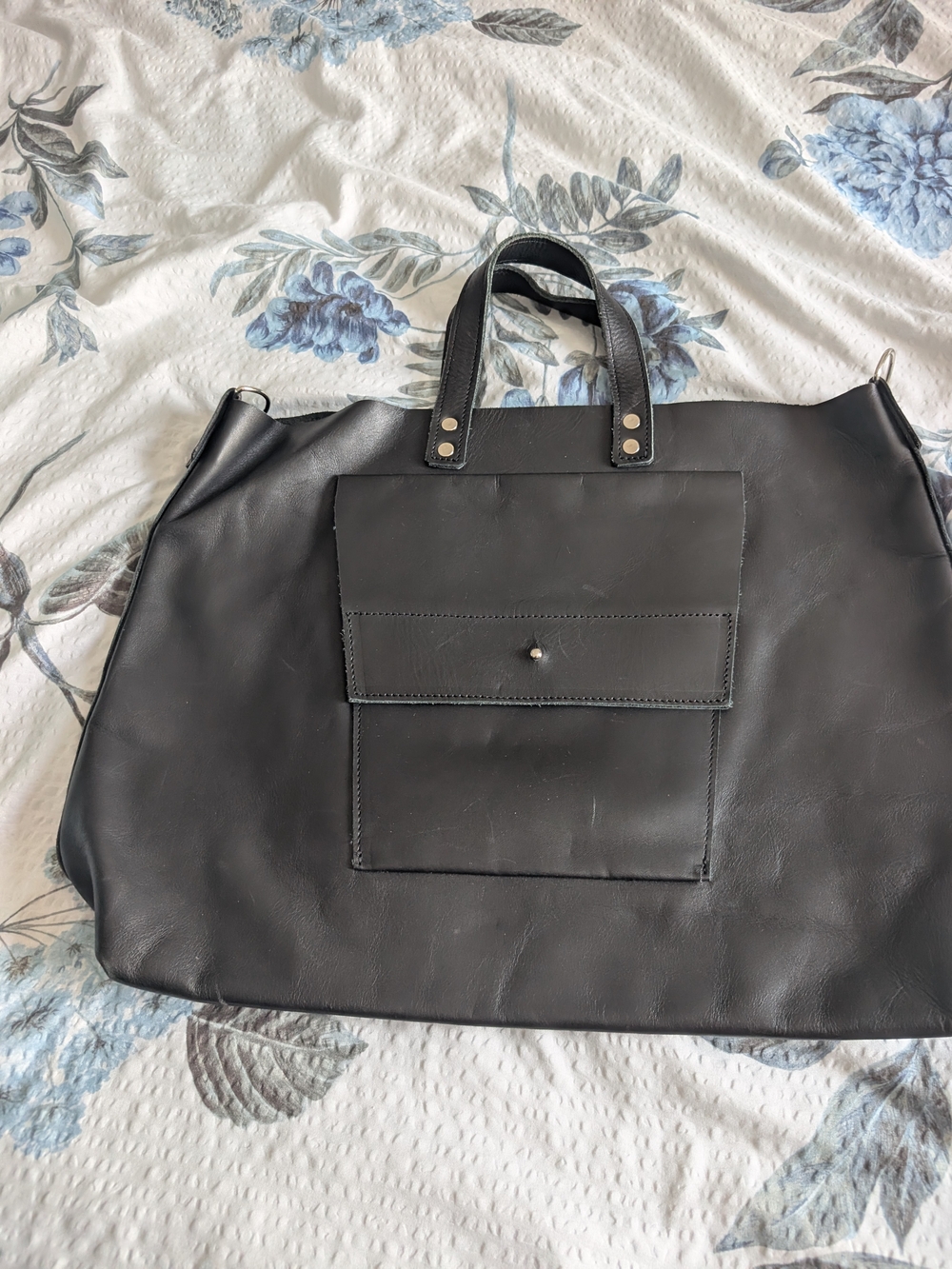 Black Women's Leather Tote Bag - Minimal Pocket Design